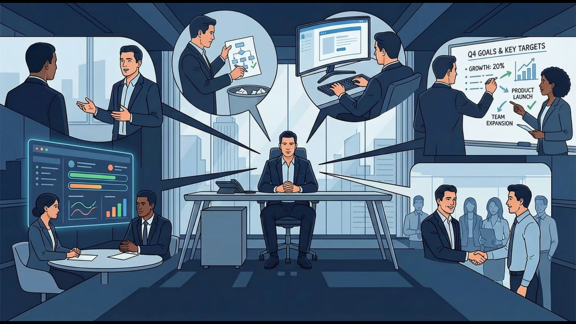 Business meeting scene illustrating collaborative discussions, strategic planning, and performance metrics analysis.