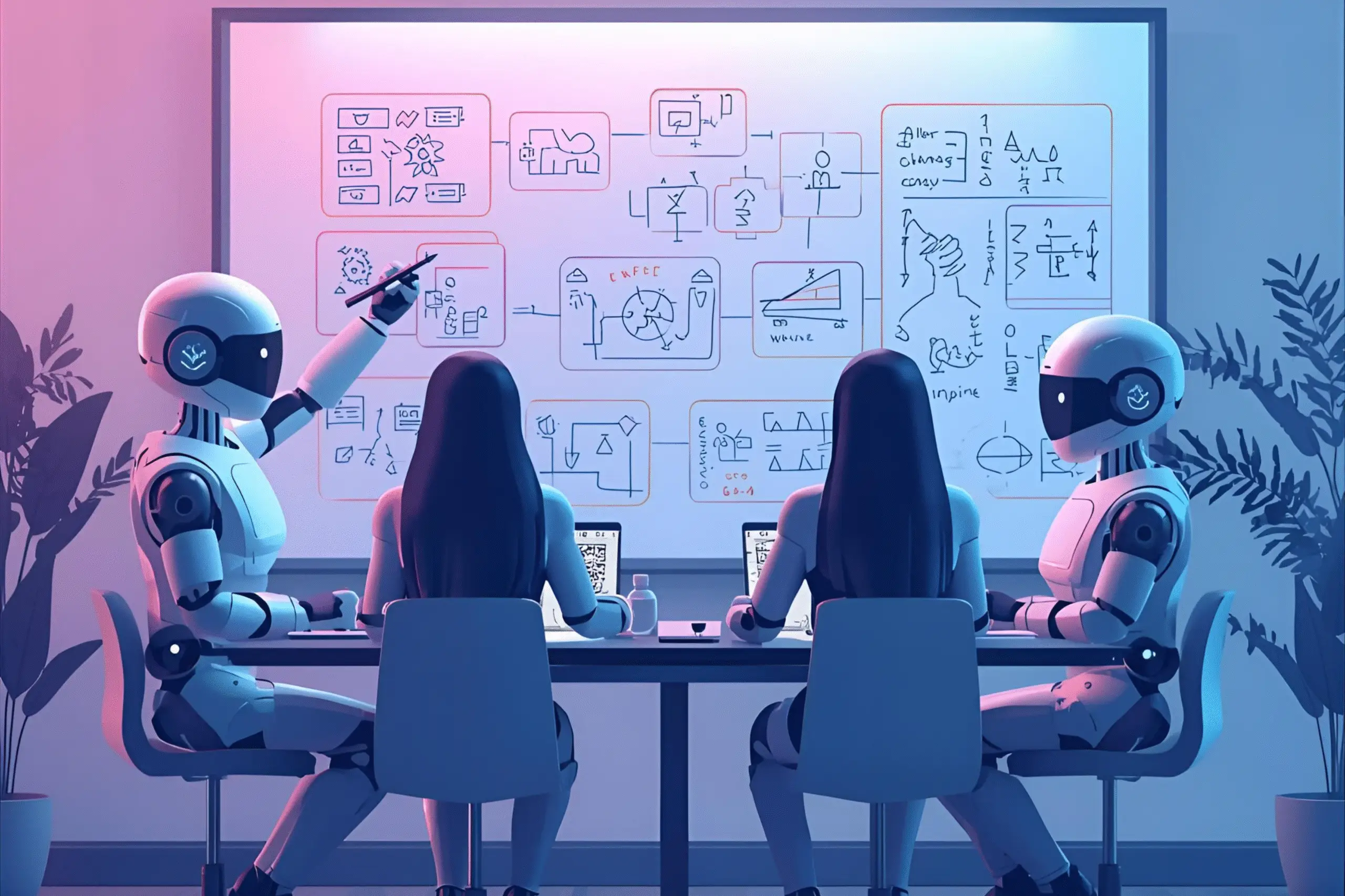 Robotic figure presenting ideas on a whiteboard to a team during a change management strategy session.