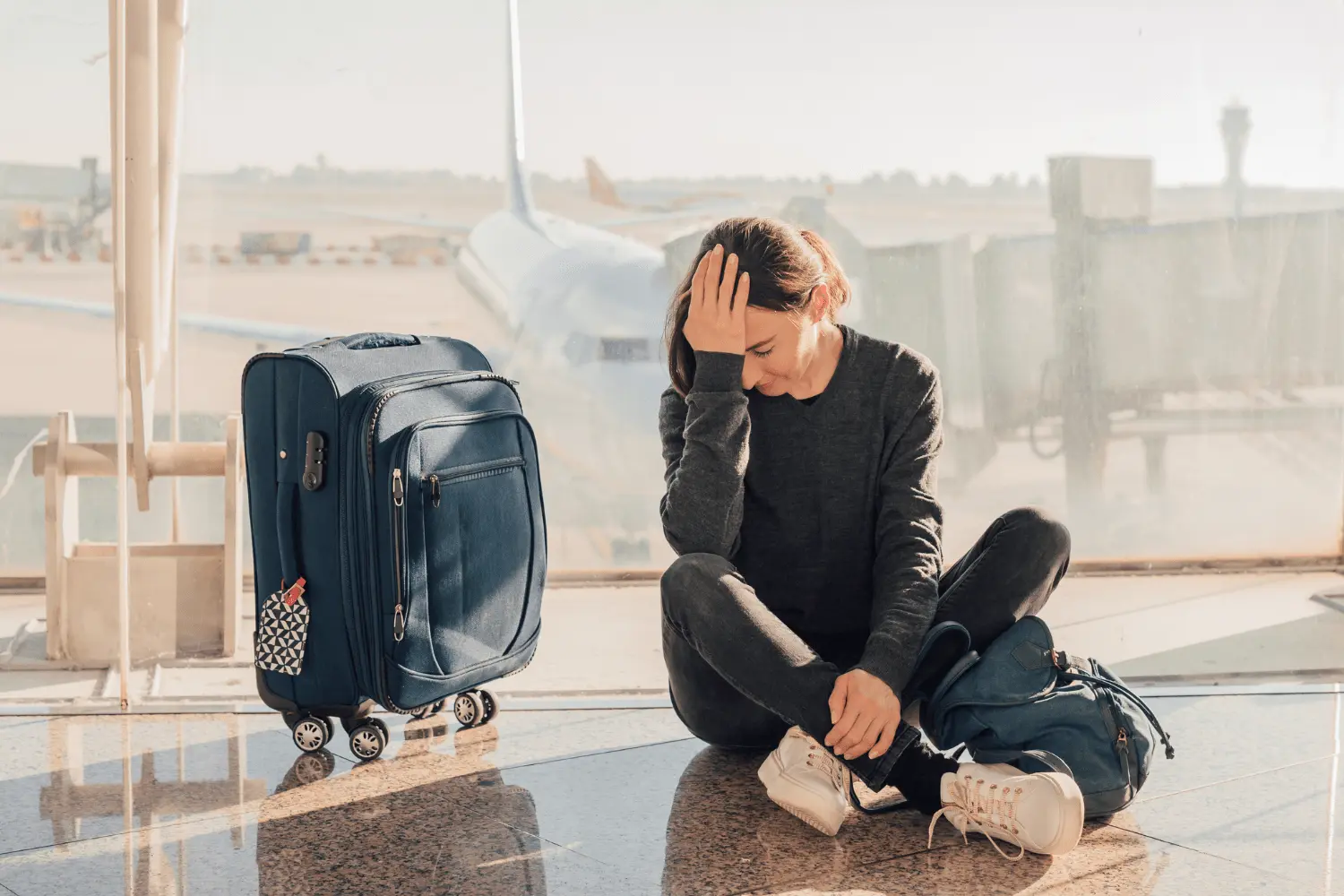 Woman sitting on airport floor with head in hand, expressing frustration over cancelled flight, with luggage nearby.