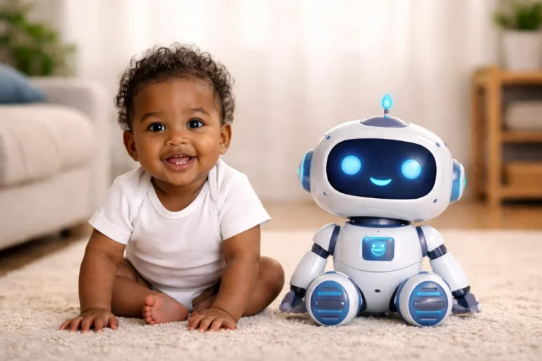 Smiling baby sitting on carpet next to a friendly robot toy, illustrating the connection between AI and early childhood development.