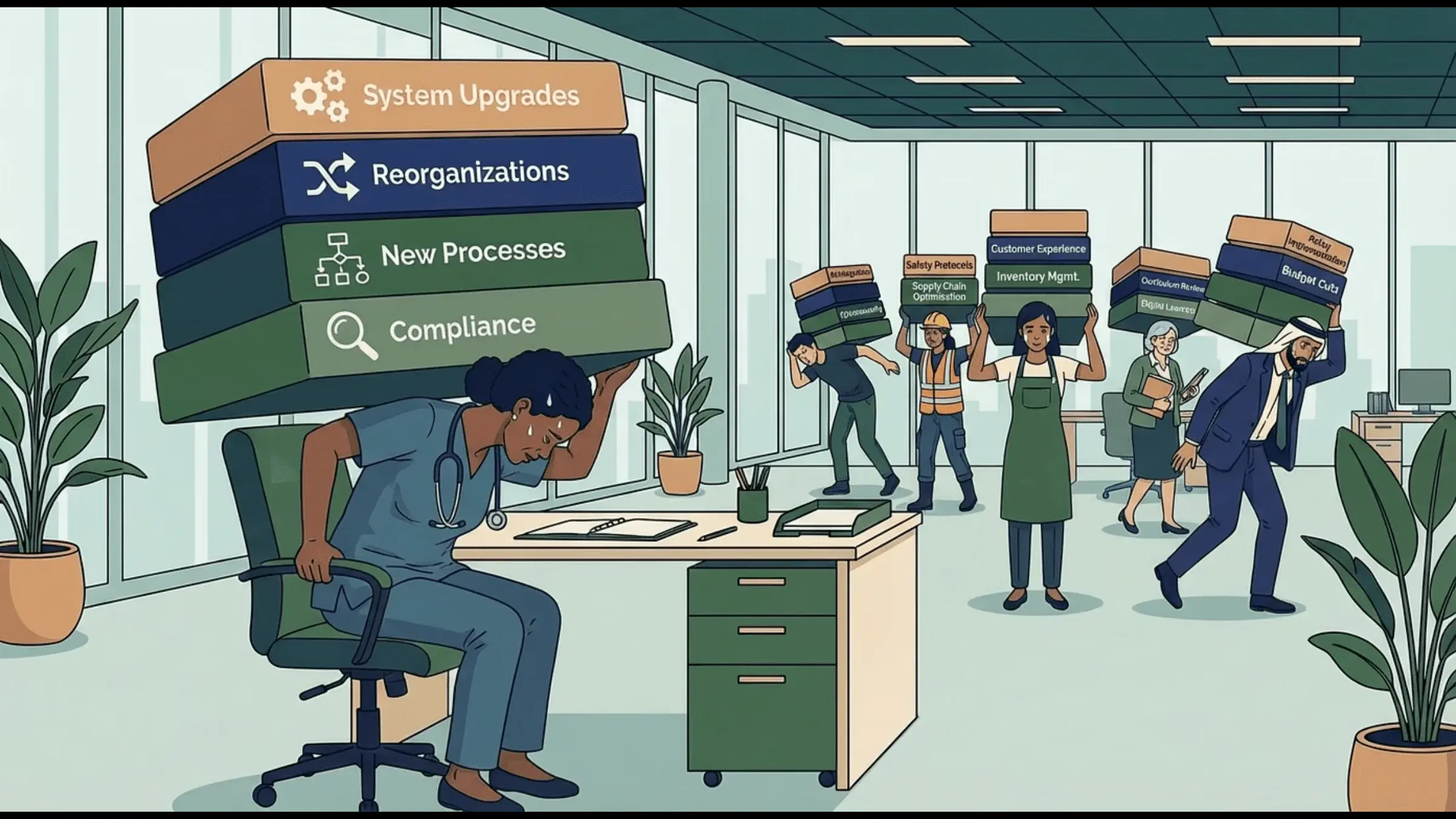 Office scene depicting employees managing multiple change initiatives, illustrating change fatigue and organizational capacity challenges.