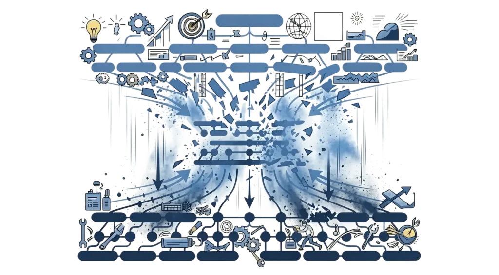 Graphic illustrating the disruption of organizational structures with arrows, icons, and abstract elements representing change management.