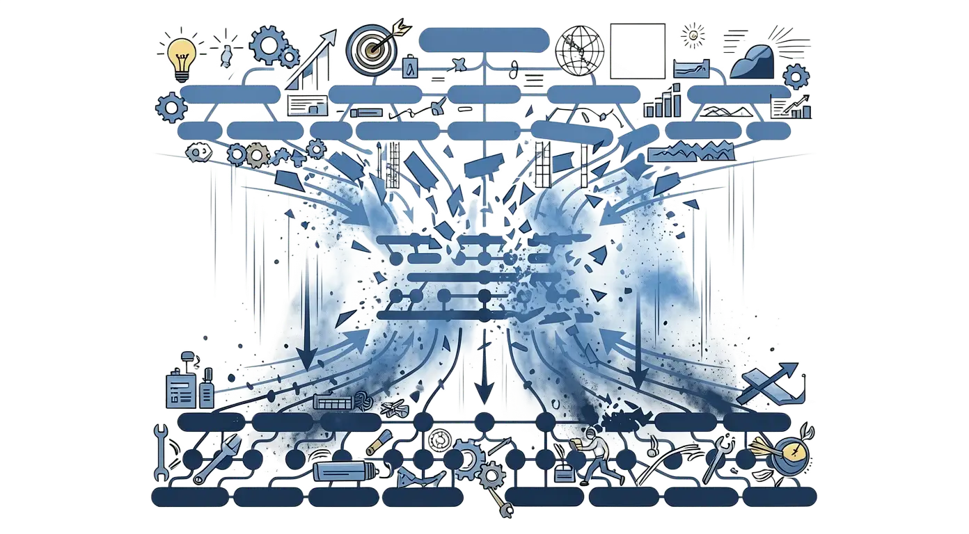 Graphic illustrating organizational change dynamics with arrows, gears, and charts symbolizing sponsorship bandwidth and change management.