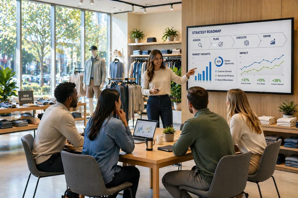 Team discussing change management strategies in retail setting, with data insights displayed on screen.