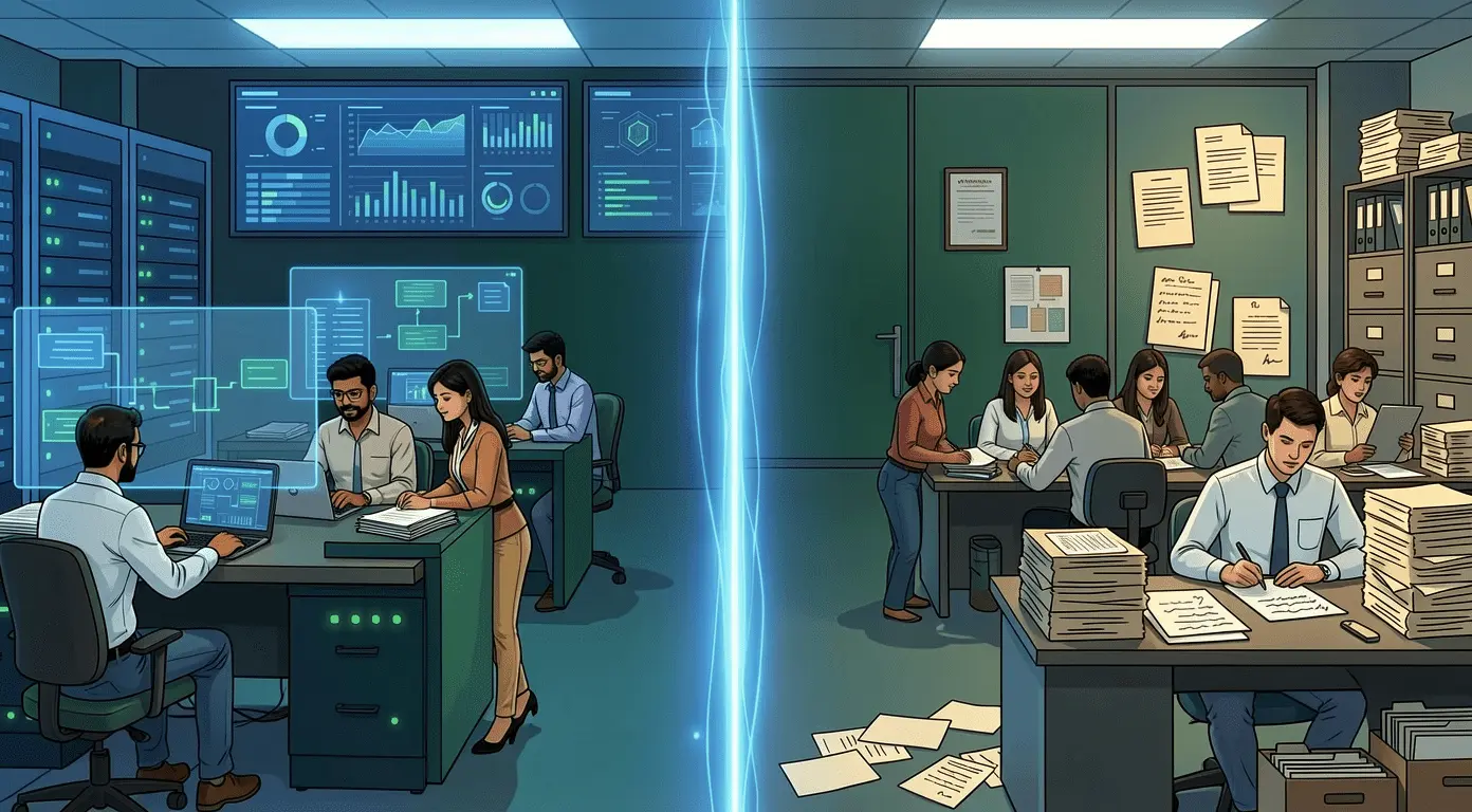 Split scene showing a tech-savvy team analyzing data on computers, contrasted with a traditional office handling paperwork, illustrating change management.