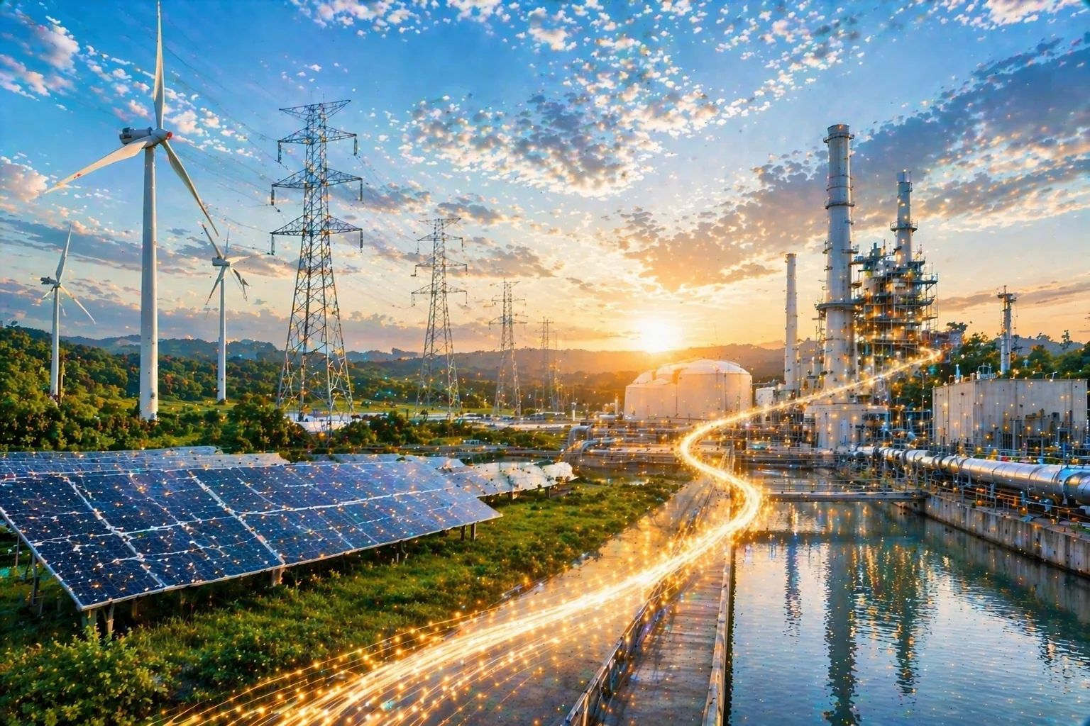 Wind turbines and solar panels with industrial facilities at sunset, highlighting energy and utilities transformation.
