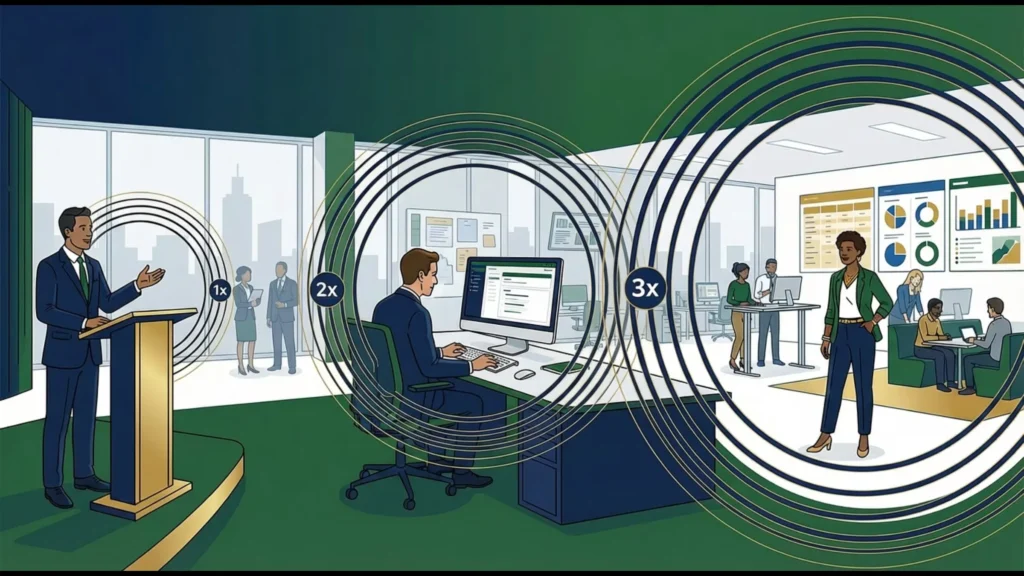 Business presentation with speaker at podium, team collaborating at desks, and data visuals on screens illustrating change management strategies.