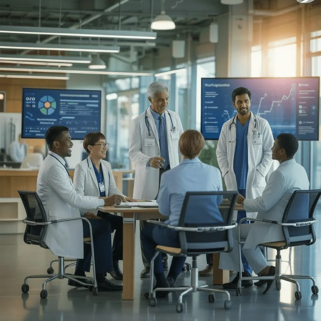 Healthcare professionals collaborating around a table, discussing strategies for implementing change in a modern facility.