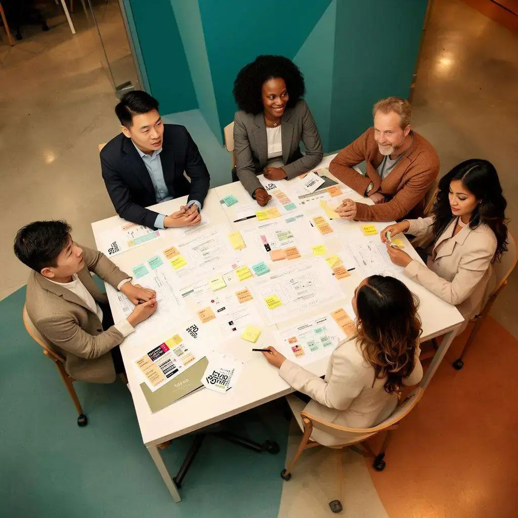 Team collaborating around a table covered with change management strategy documents and sticky notes.