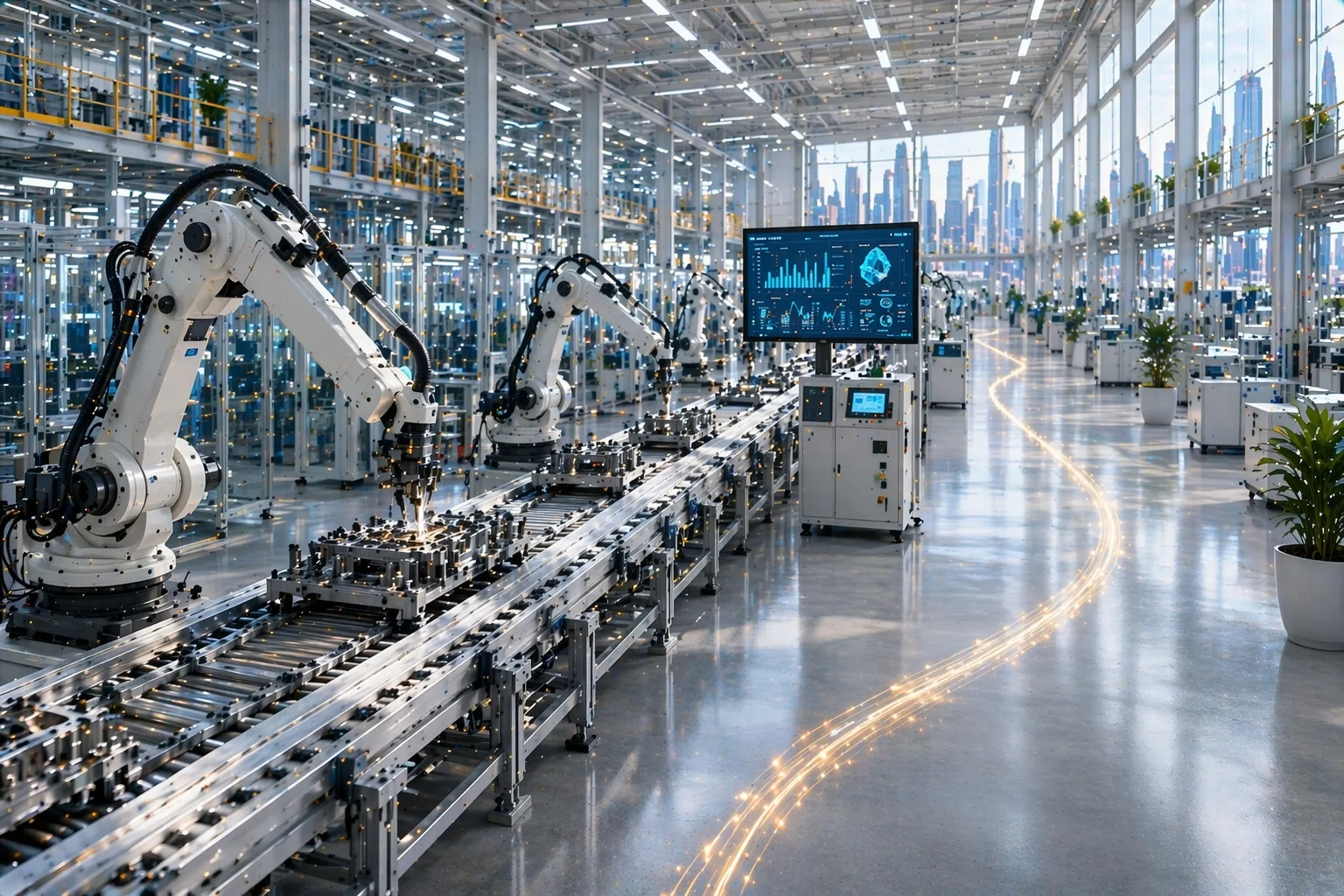 Automated robotic arms assembling components in a modern manufacturing facility with digital displays.