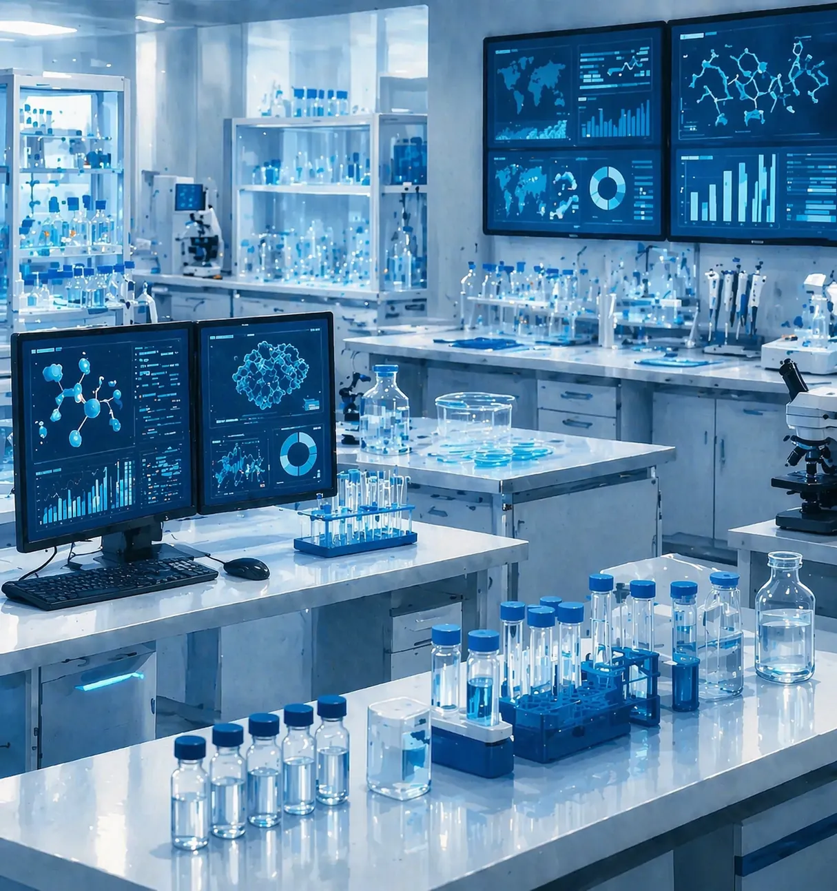 Laboratory setting with glassware and digital displays showing data relevant to pharmaceutical research and development.