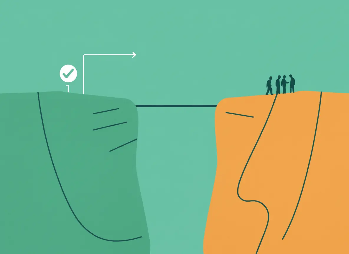Illustration of two cliffs with a group of people on one edge, symbolizing the gap in organizational change management.