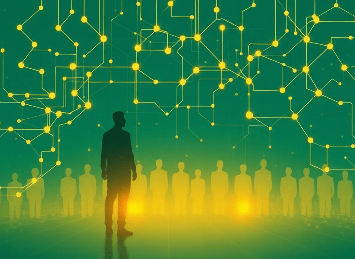 Silhouette of a person standing in front of a network of connections, symbolizing digital transformation and organizational change.