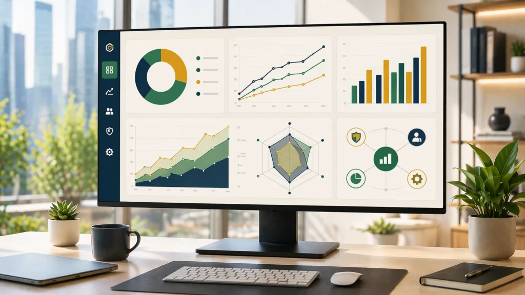 Dashboard displaying various performance metrics and graphs, emphasizing data visualization for effective change management.