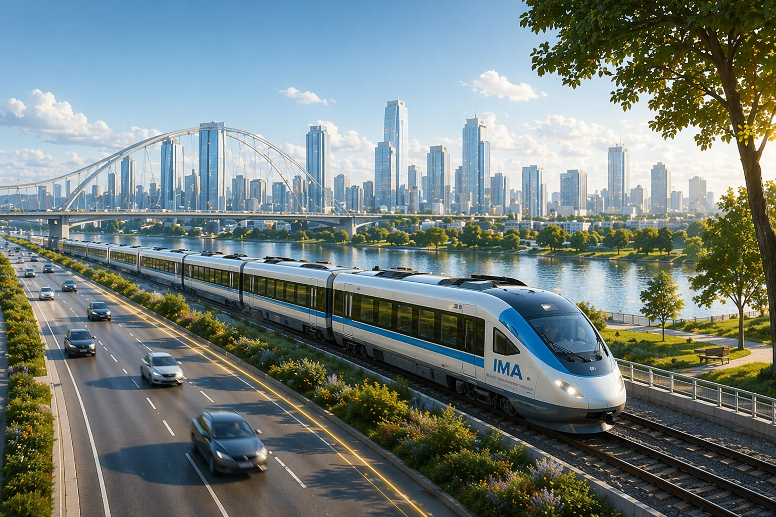 High-speed train traveling alongside a busy highway with a city skyline and river in the background, highlighting transportation solutions.