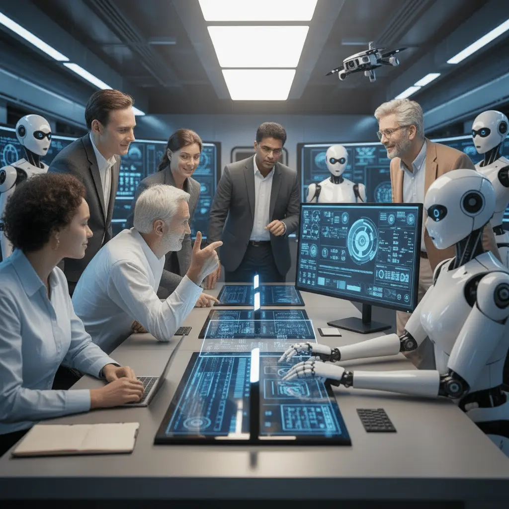 Team collaborating with AI robots in a high-tech workspace, analyzing data on digital screens.