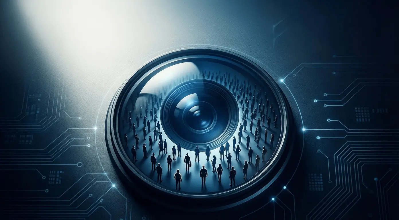 Lens focusing on a crowd of small figures, illustrating AI oversight and organizational monitoring in technology.